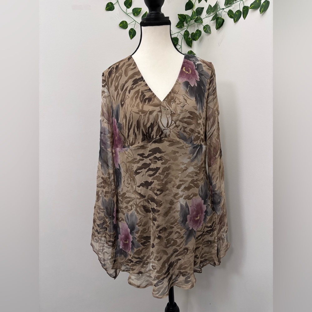 Sheer V-Neck Floral-Print Blouse in Taupe